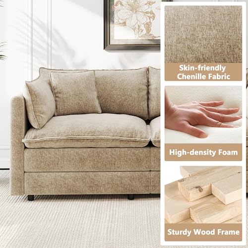Modular Sectional Sofa Modern Convertible L Shaped Couch,112.2 Inch Deep 3-Seater Sofas Set Comfy Chenille Cloud Sofas and Couches with Movable Ottoman for Living Room Apartment（Camel）