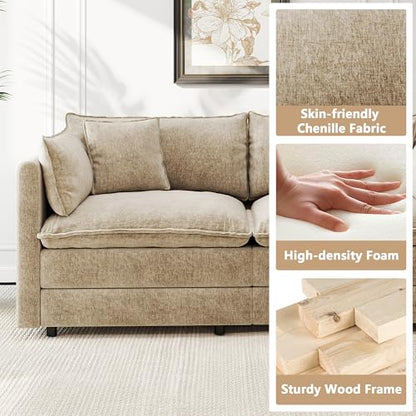Modular Sectional Sofa Modern Convertible L Shaped Couch,112.2 Inch Deep 3-Seater Sofas Set Comfy Chenille Cloud Sofas and Couches with Movable Ottoman for Living Room Apartment（Camel）