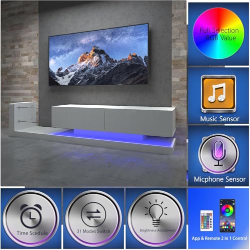 LED TV Stand for 55 65 75 Inch TV, Entertainment Center Equipped with Two Pull-Down Door Storage, 50 60 70 Inch TV Console with Tempered Glass and Power Cord for Living Room, White