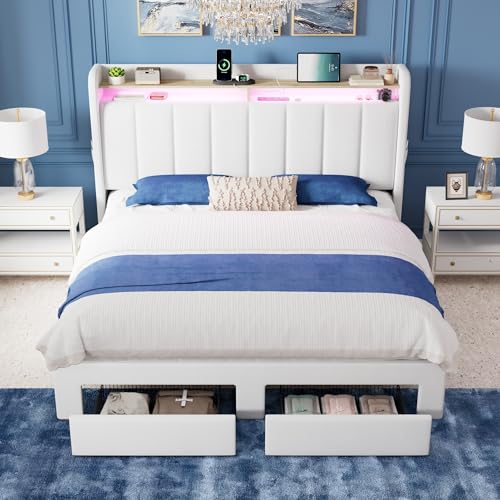 Queen Bed Frame with 2-Tier Storage Headboard & 2 Large Drawers, view 4