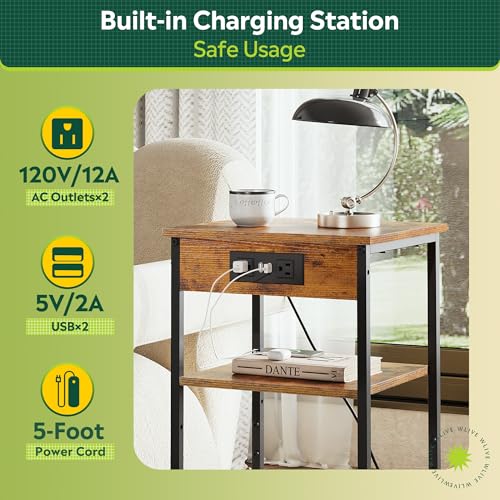End Table with Charging Station, Small Night Stand with Storage Adjustable Shelf, Side Tables for Small Spaces, Bedside Tables for Living Room, Bedroom, Rustic Brown