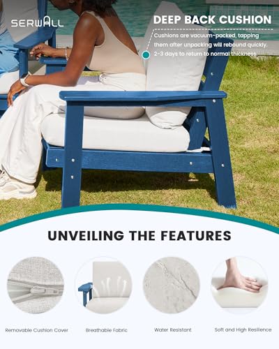 HDPE Outdoor Furniture Set 4, All Weather Patio Sectional Couch | Havy-duty Weatherproof HDPE Frame with Wood-Like Texture, Splash-proof Thick Cushions, Blue Frame and Khaki Cushions