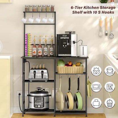 3IngSeagulls Bakers Rack with Power Outlet, Kitchen Microwave Stand with 10 S-shaped Hooks, 6-Tier Coffee Bar Station, Kitchen Storage Shelf Rack for Spices, Pots, Gray