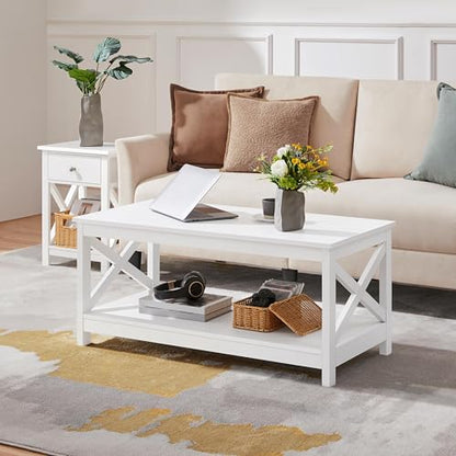 Yaheetech Wood 2-Tier White Coffee Table with Storage Shelf for Living Room, X Design Accent Cocktail Table, Simple Design Home Furniture, 39.5 x 20 x 18 Inches