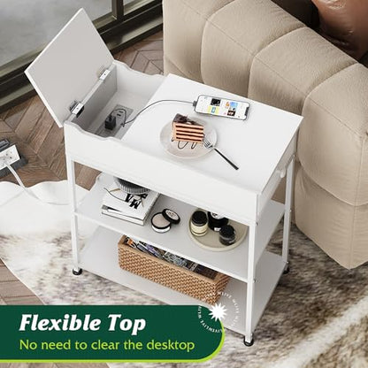 3-Tier Narrow Side Table with Charging Station, Couch Side Table for Living Room, Narrow End Table for Bedroom with Fabric Drawer, USB Ports and Power Outlets, Samll Nightstand Bedside Tables