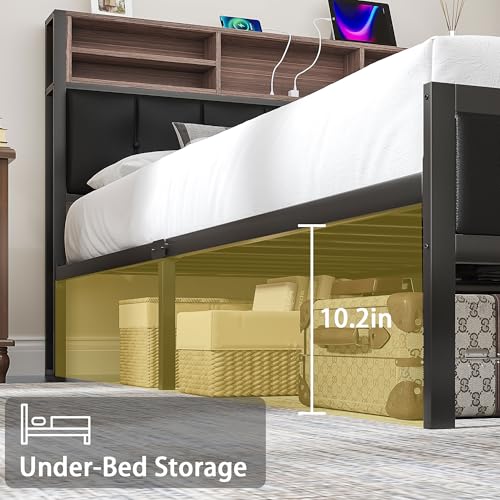 Metal bed frame with wooden accents, black, LED lighting and storage, view 6