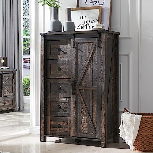5 Drawers Dresser for Bedroom w/Sliding Barn Door, Farmhouse Modern Tall Dresser 5 Chest of Drawers, Storage Organizer for Bedroom, Hallway, Living Room, Kids Room, Dark Rustic Oak