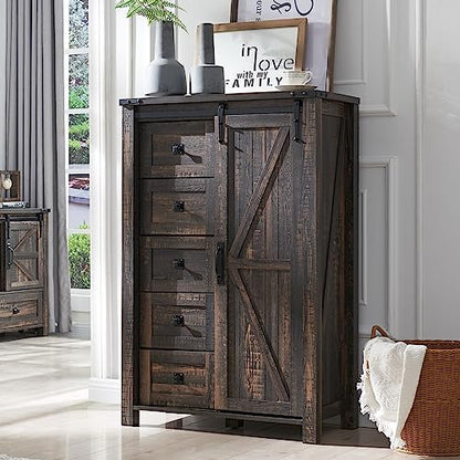 5 Drawers Dresser for Bedroom w/Sliding Barn Door, Farmhouse Modern Tall Dresser 5 Chest of Drawers, Storage Organizer for Bedroom, Hallway, Living Room, Kids Room, Dark Rustic Oak