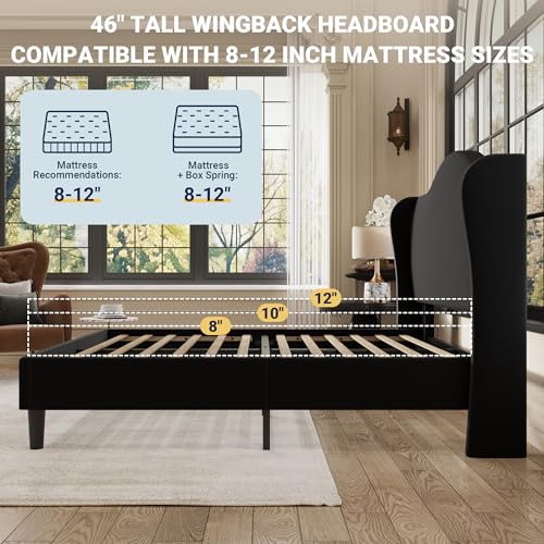 Queen Size Bed Frame, Plush Velvet Wingback, Modern Style, Black, view 8