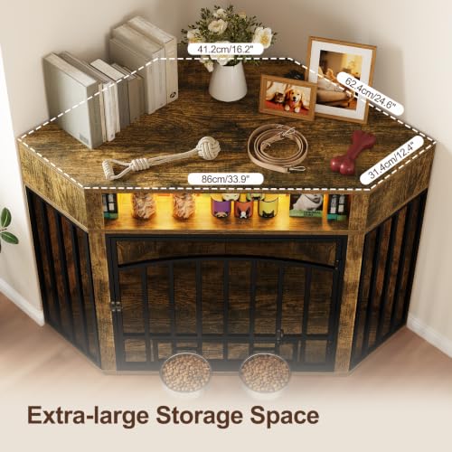 Corner Dog Crate Furniture - Wooden Dog Cage with Charging Station, view 3