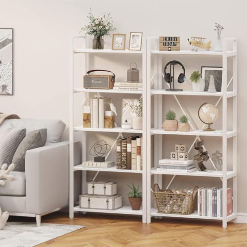 5 Tier Bookshelf, Metal and Wood Bookcase, Etagere Book Shelf for Display, Modern Shelving Unit Tall Book case for Home Office, Living Room (White Oak)