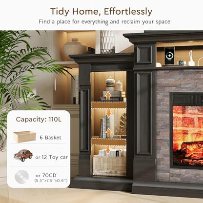 72'' Fireplace TV Stand with Outlet & LED, Electric Fireplace with Mantel, view 7