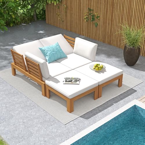 4 Piece Acacia Wood Patio Furniture Outdoor Sectional Sofa Set with Adjustable Armrest, FSC Certified L-Shaped Patio Set w/2-in-1 Coffee Table, Cream White Cushions for Garden