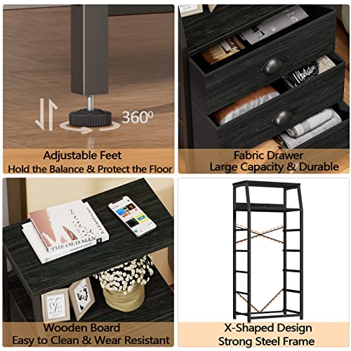 Black Dresser with 5 Drawers, Vertical Storage Tower Fabric Dresser for Bedroom, Hallway, Entryway, Nursery, Closet Organizer, Nightstand Bedside Table Furniture, Sturdy Steel Frame, Wood Top