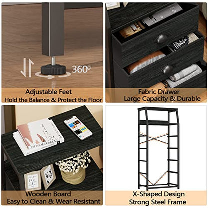 Black Dresser with 5 Drawers, Vertical Storage Tower Fabric Dresser for Bedroom, Hallway, Entryway, Nursery, Closet Organizer, Nightstand Bedside Table Furniture, Sturdy Steel Frame, Wood Top