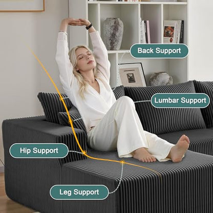 121''Modular Sectional Sofa with 2 Ottoman, Boneless couches for Living Room Furniture, Comfort U Shaped Sofa, Deep Seat Corner Couch, No Assembly Required（Gray, Corduroy）