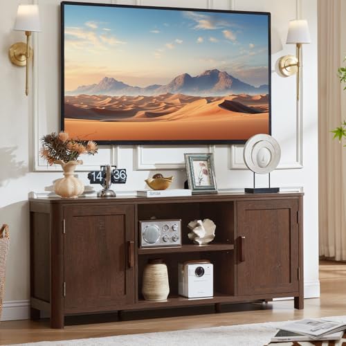 Farmhouse 55" Entertainment Center,Walnut Tv Stand with Adjustable Shelves & 2 Door Storage,Wooden Media Console Cabinet for TVs Up to 65 inches, Rustic Tv Stands for Living Room,Bedroom