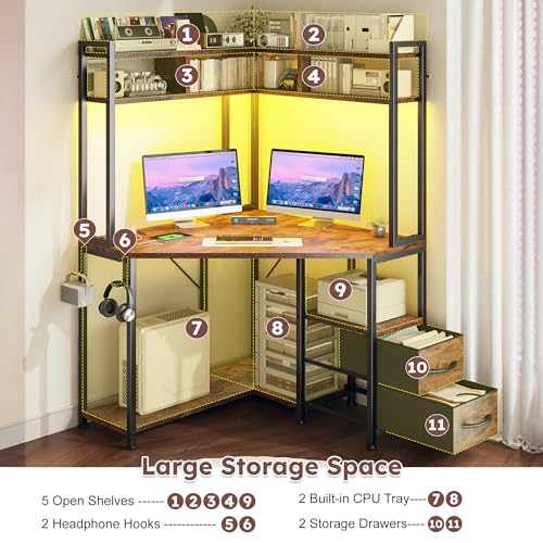 35.4" W x 63" H Corner Desk with Hutch & LED Lights, Triangle Corner Desk and Computer Desk with Drawers for Storage & Shelves and Hook, Office Desk for Bedroom Small Space, Rustic Brown
