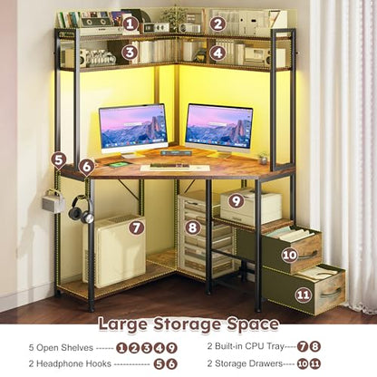 35.4" W x 63" H Corner Desk with Hutch & LED Lights, Triangle Corner Desk and Computer Desk with Drawers for Storage & Shelves and Hook, Office Desk for Bedroom Small Space, Rustic Brown