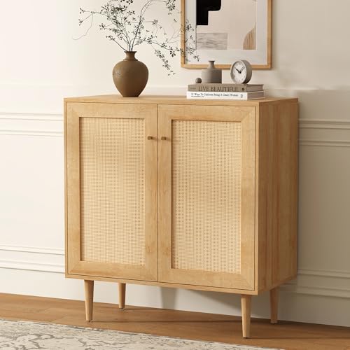 Accent Storage Cabinet Sideboard with Rattan Doors, Boho Buffet Kitchen Bar Cabinet Farmhouse Credenza Cabinets with Adjustable Shelves for Dining Room (Square Doors/Oak)
