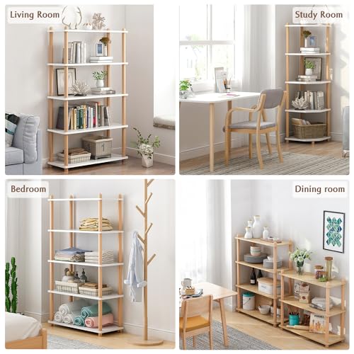 IOTXY 5-Tier Wooden Shelf Bookcase, Freestanding Open Bookshelf, Oak | Beech Wood Frame, 0.63" Shelves, Books, Plants, Decor, Living Room, Bedroom, Home Office