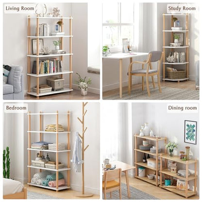 IOTXY 5-Tier Wooden Shelf Bookcase, Freestanding Open Bookshelf, Oak | Beech Wood Frame, 0.63" Shelves, Books, Plants, Decor, Living Room, Bedroom, Home Office