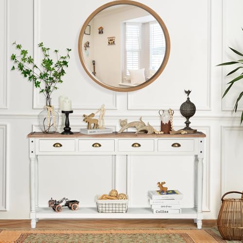Farmhouse Console Table with 4 Drawers, 60" Long Narrow, White | Boho Sofa Foyer Stand with Large Storage Space, Solid Wood Frame and Legs for Entryway, Hallway, Living Room