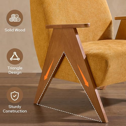 Accent Chair, Upholstered Living Room Chair, Arm Chair with Solid Wood Legs, Mid Century Modern Chair for Bedroom, Living Room, Apartment (Yellow)