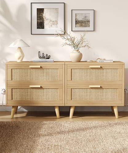23.6" W Rattan Nightstand with Charging Station, Large Bedside Table with 2 Drawers, Wooden End Table with Solid Wood Legs, Boho Night Stand for Bedroom, Natural Oak KES009MECTG