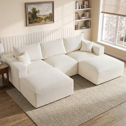 113" Modular Sectional Couch, Cloud Boneless Sofa with Deep Seats, Upholstered Corduroy U-Shaped Sleeper Sofa with Chaise, 3-Seater Couches for Living Room, No Assembly Required, Beige