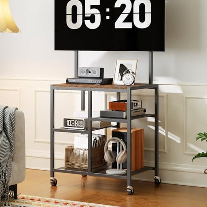 Small TV Stand with Wheels and Mount for 50 Inch TVs, Mobile Rolling TV Stand with Storage Shelves, Small Entertainment Center, for Living Room, Bedroom, Study, Rustic Brown BF37DS01