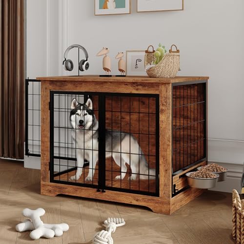 Dog Crate Furniture with 360° Rotatable Bowls, view 7