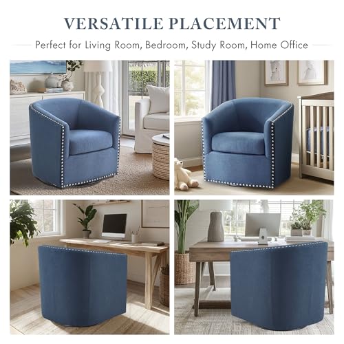 Swivel Barrel Accent Chair, Upholstered Curved Back with 7-Inch Thick Woven Cushion, 360° Swivel, Nailhead Trim, Comfy Chair for Living Room, Bedroom, Office, 28" Wide, Blue, Tyler