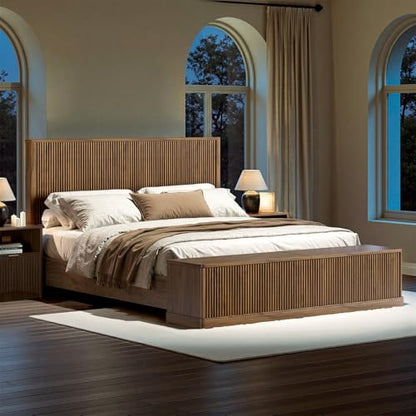 Fluted Walnut King Bed Frame with 51'' Headboard & Storage Bench, view 7