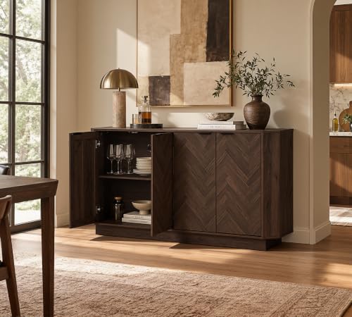 66.7" Buffet Cabinet with Storage, Herringbone Design, Walnut, view 6