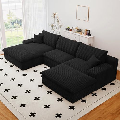 107" Cloud Sectional Couch with U-Shaped Chaise,Corduroy Viral Boneless Sofa with Ottoman,Memory Foam Couches in a Box with Deep Seat for Living Room,No Assembly Required (Black,Left-Facing Chaise)