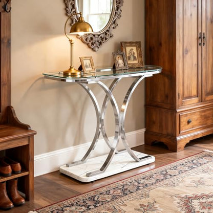 Silver Glass Console Tables for Entryway,Glass Entryway Table with Curved Frames and Marble Base, Modern Entrance Table Sofa Table for Living Room,Hallway,Silver Glass&White Marble