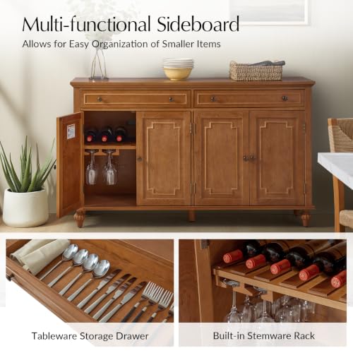58" Sideboard Storage Cabinet, 4 Doors Storage Sideboard with Adjustable Shelves & 2 Drawers, Chic Channel Design, Transitional Buffet, Acorn