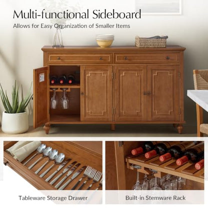 58" Sideboard Storage Cabinet, 4 Doors Storage Sideboard with Adjustable Shelves & 2 Drawers, Chic Channel Design, Transitional Buffet, Acorn