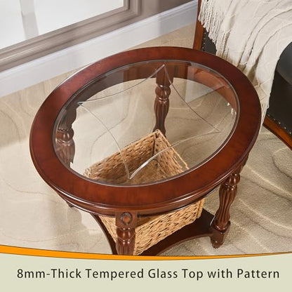 Oval Round Glass End Table, 2-Tier Solid Wood Glass Top End Side Tables, Traditional Victorian Nightstand for Bedroom Living Room Office, 28" W x 22" D x 24.2" H, Cherry Walnut CJZ-1533-GT