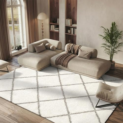 SAFAVIEH Hudson Shag Collection Area Rug - 6' x 9', Ivory & Grey, Modern Diamond Trellis Design, Non-Shedding & Easy Care, 2-inch Thick Ideal for High Traffic Areas in Living Room, Bedroom (SGH281A)