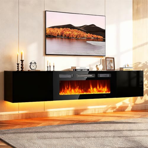 80'' Floating TV Stand with 40" Electric Fireplace, view 2
