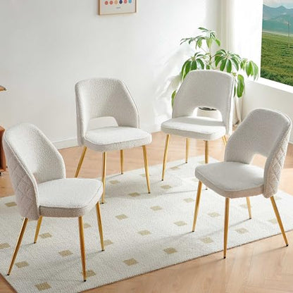 Modern Dining Chair Set of 4, Beige Boucle Accent Chairs with Golden Metal Legs, Upholstered Back Side Chairs for Kitchen Living Room Bedroom