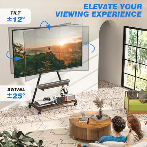 Heavy Duty Rolling TV Stand for 43-80 Inch TVs up to 150lbs, Mobile TV Cart on Wheels with Dual Storage Shelves, Outdoor TV Stand with Tilt & Swivel Adjustment for Optimal Viewing Angles