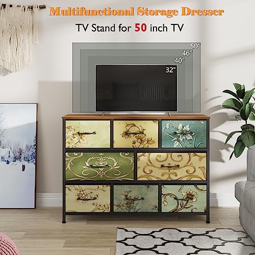 8 Drawer Dresser, Wide Fabric Chest of Drawers, Vintage Furniture for Bedroom, Living Room, Hallway, Closet Clothes Storage, Wooden Top