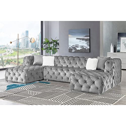 U-Shaped Modular Sofa Grey Velvet Fabric Living Room Furniture