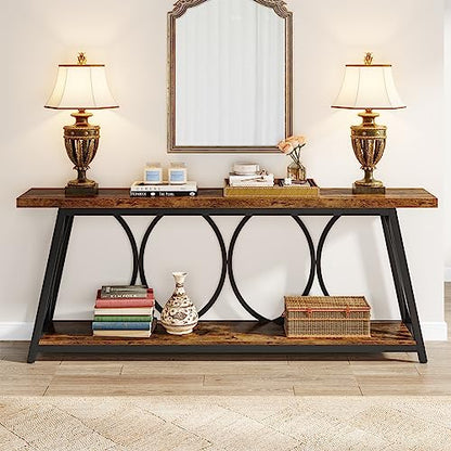 Tribesigns 70.9 inch Extra Long Console Table, Industrial Sofa Table Behind Couch with 2 Tier Storage Shelf, Narrow Entryway Hallway Accent Table for Living Room, Rustic Brown