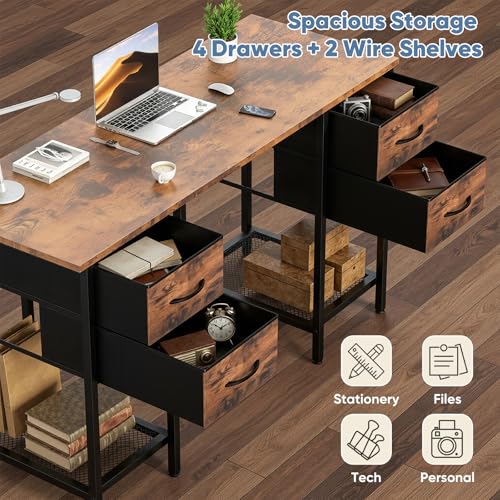 Computer Desk with Drawers, 55 Inch Home Office Bedroom Table with 4 Fabric Drawers & 2 Mesh Storage Shelves, Wood Table with X-Shaped Structure for Writing Study PC Desk, Brown