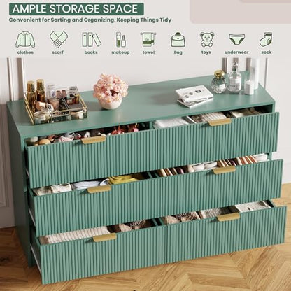 6 Drawers Dresser - Modern Fluted Double Chest of Drawers, Green, view 8