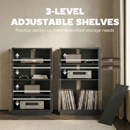 Media Cabinet 4-Tier Stereo Cabinet with Glass Door Black, view 7